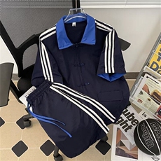 风唐装短袖衬衫盘扣三条杠条纹拼色运动短裤套装TZ81P62，男装衬衫，星座1013-1