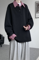 M-8XL美式假两件格子拼接翻领卫衣大码polo领长袖T恤衫WY5110/P58，男装T恤，电商B238