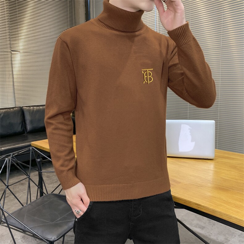 秋冬可翻高领毛衣男B纯色长袖男刺绣毛衫打底针织衫棕色M252P33图片