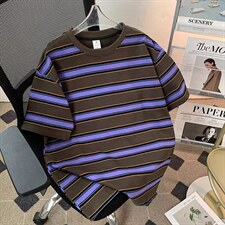 撞色条纹重磅圆领短袖t恤男款潮流休闲复古半袖上衣2269P45，男装T恤，星座410-2