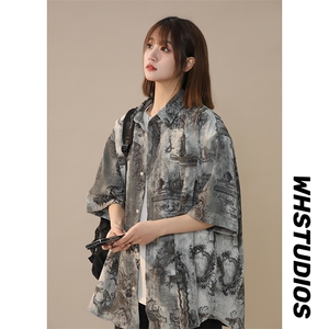 抖音品 复古夏季美式高街印染短袖衬衫男  225-2-CS806-P38 控55图片