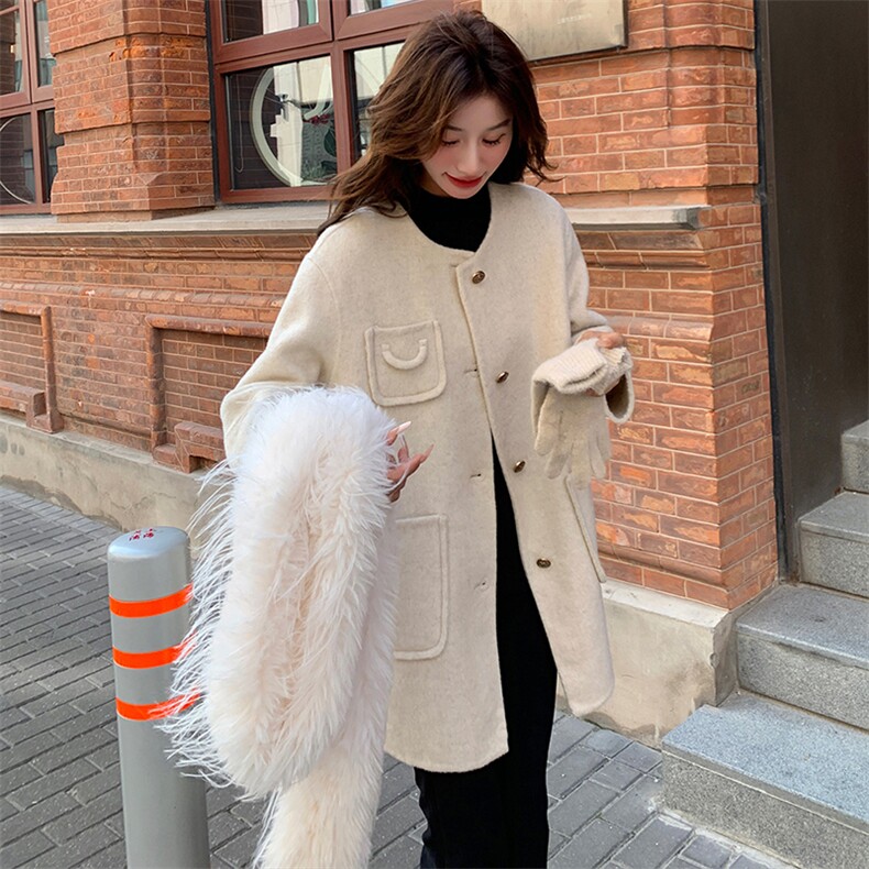 山羊绒双面呢大衣女装宽松显瘦中长款外套,女装双面呢大衣,天使之佳话