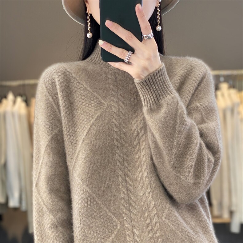 半高领加厚女秋冬款菱形扭花宽松针织毛衣打底羊绒衫,女装羊毛衫,大美人高端店