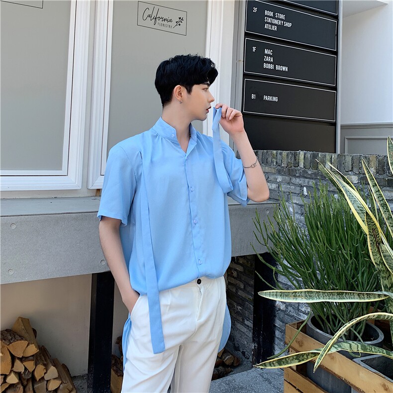 夏季薄面料男衬衣皱面百搭胸前飘带设计蓝衬衫A,男装衬衫,电商A345