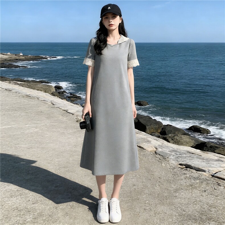欧货时尚潮流长款连衣裙女夏新款洋气宽松蕾丝拼接连帽短袖休闲裙,女装套装/套裙,江南