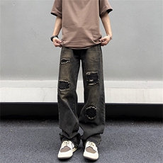 港风潮男夏季新款牛仔裤嘻哈ins潮高街潮流痞帅长裤N02002-P45，男装牛仔裤，星座308B-1