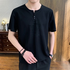 2025新款夏季棉麻清凉男士风盘扣短袖休闲T恤上衣 XF9817-P48图片