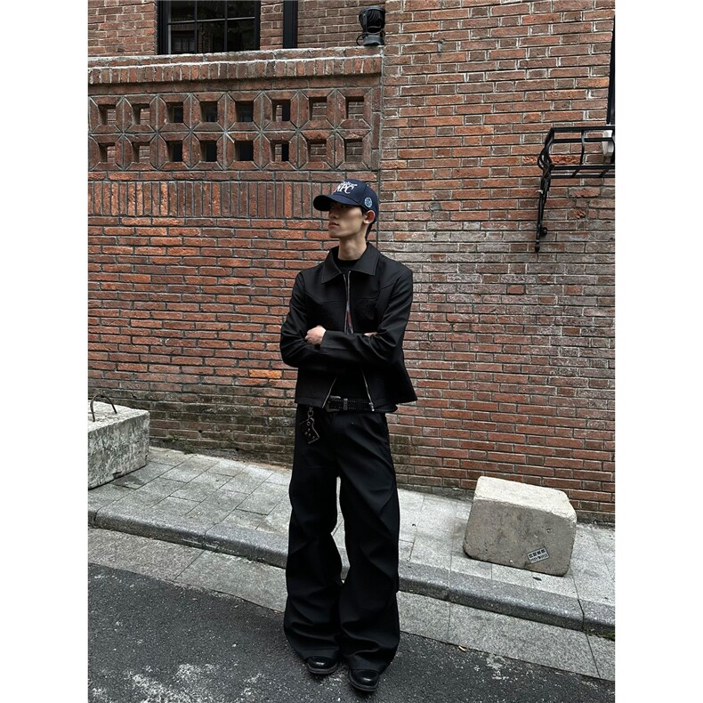 cleanfit短款外套男雕花刺绣高级感美式正肩行政夹克春秋翻领黑色,男装夹克,星座813-2