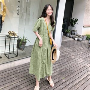 爆款现货！20夏牛油果绿高腰显瘦格子连衣裙 229-8113-P75-K128图片