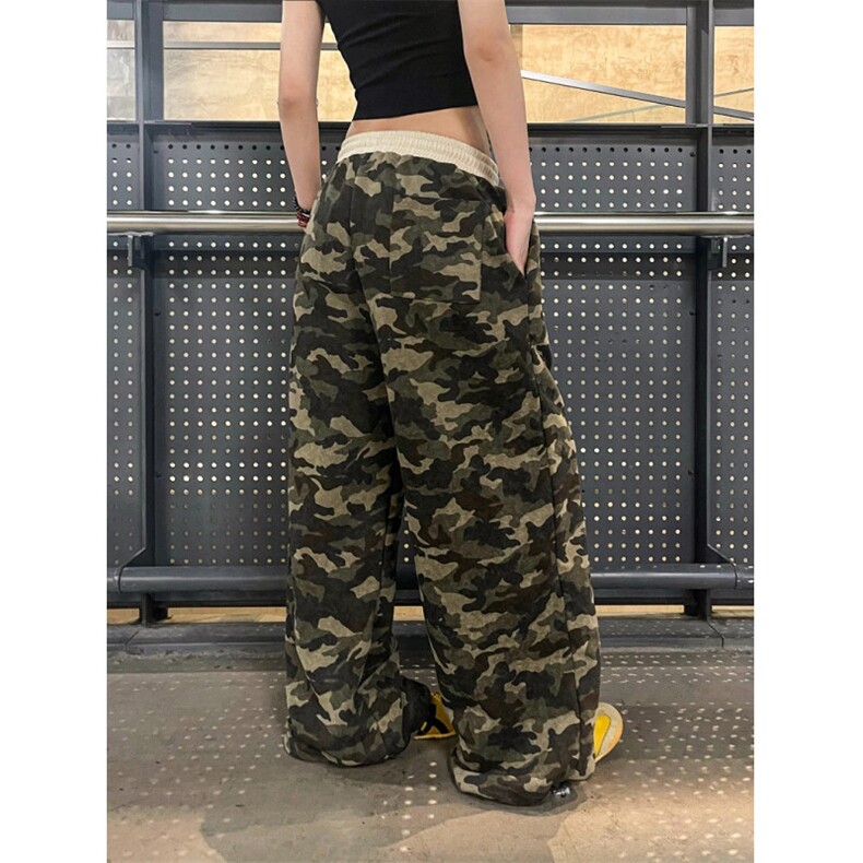 高街做旧印花拼接抽绳迷彩休闲裤女新款直筒宽松阔腿裤KB3121,男装休闲裤,星座1116A（原606A-3）