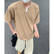 2026夏大码假两件华夫格五分短袖T恤潮流宽松T6601/特P25卡其3，男装T恤，电商A094