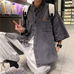 夏季新款牛仔短袖衬衫男潮流ins上衣宽松衬衣纯色帅气外套~XB720图片