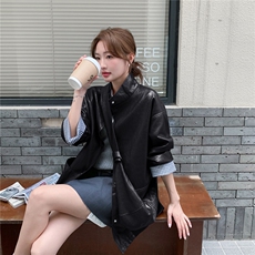 高级感咖色西装皮衣外套女秋季季宽松2025新款PU皮夹克韩版时尚潮，女装皮衣，意芙