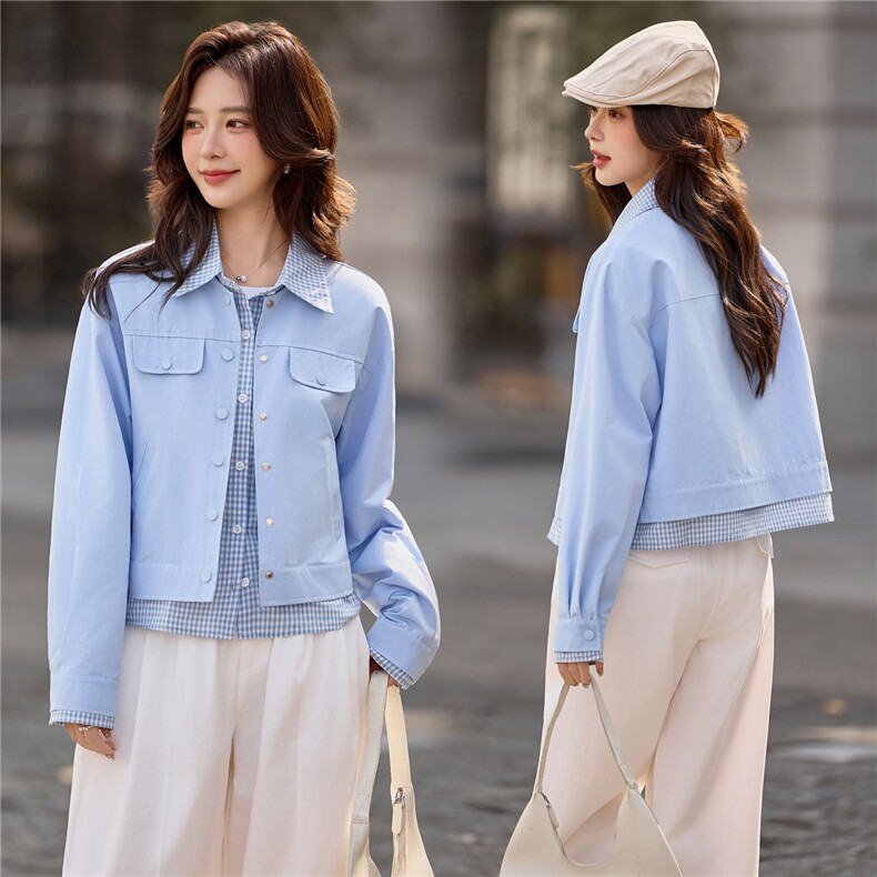 2026年春季新款休闲格纹拼接假两件短外套女，女装短外套，依路服饰