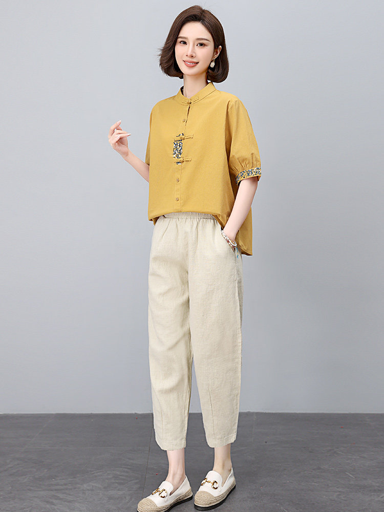 新中式国风刺绣棉麻套装女2025年夏季新款妈妈洋气减龄亚麻两件套,女装套装/套裙,依恋蒂丝