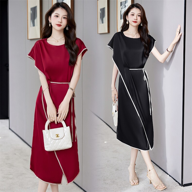 现货2024夏季新款简约优雅气质时尚系带收腰修身不规则连衣裙，女装连衣裙，时尚俏佳人