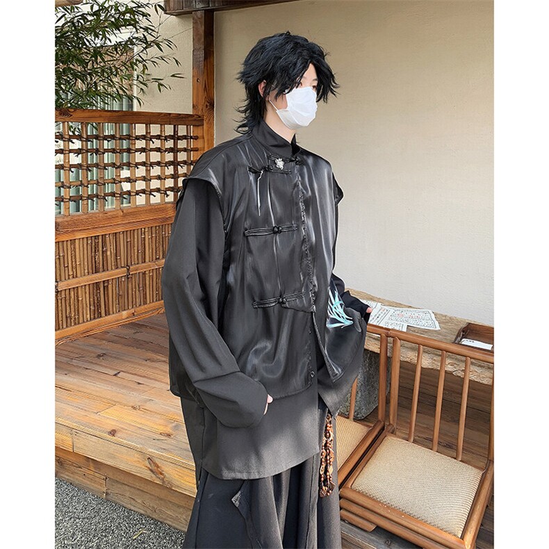 25春夏男士新中式假两件刺绣兰花流光丝光飘逸衬衫CS51-P98无胸针,男装衬衫,电商B288