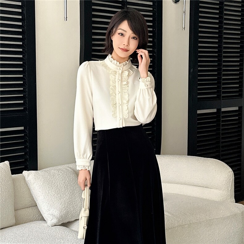 2025法式气质立领木耳边拼接钉珠单排扣加厚长袖上衣女冬季新款,女装衬衫,2C091