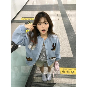 复古卡通毛巾刺绣小狗宽松卫衣秋冬新款潮牌百搭开衫上衣棒球外套图片