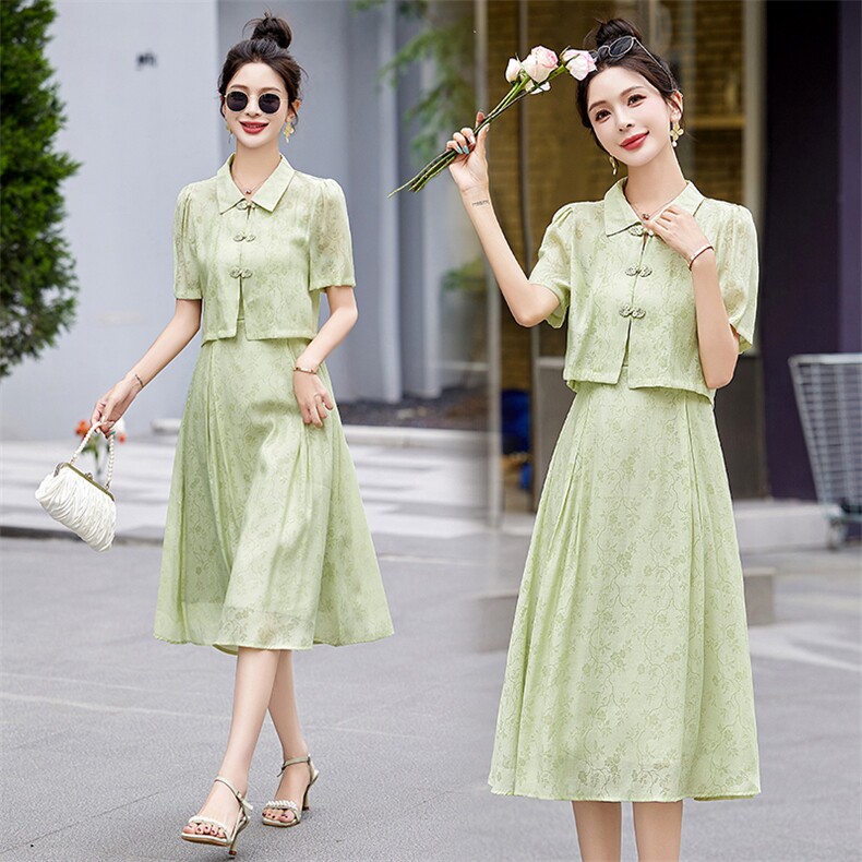 新中式国风印花连衣裙套装女2024夏新款改良旗袍气质吊带裙两件套，女装套装/套裙，采品优优