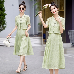 新中式国风印花连衣裙套装女2024夏新款改良旗袍气质吊带裙两件套，女装套装/套裙，采品优优