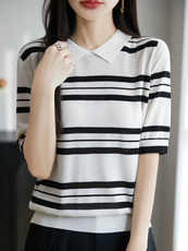 2025夏季翻领拼色条纹针织五分袖女POLO领薄款小个子正肩上衣T恤，女装T恤，大美人高端店