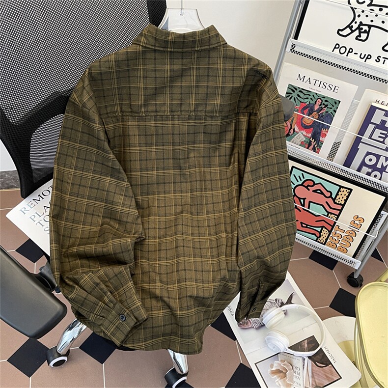 秋季新款港风日系复古贴袋宽松慵懒风格子翻领衬衫男潮ZC776-P65,男装衬衫,星座313A(原308A-2)