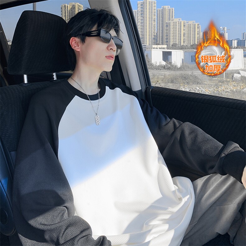 加厚银狐绒撞色插肩袖纹理感大码长袖T恤男T5074J加绒-特P30控58,男装T恤,电商A001
