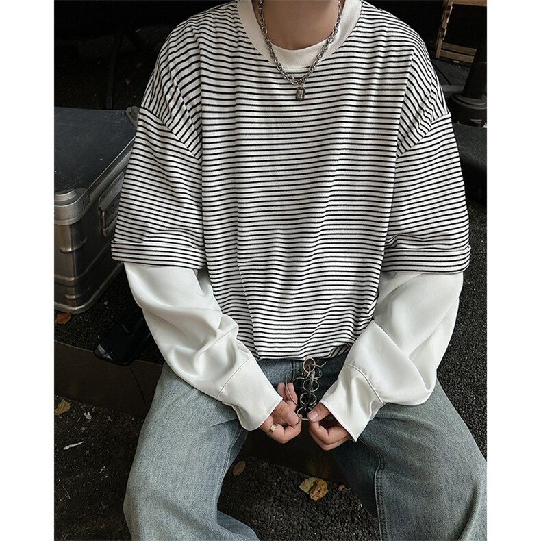 C485P45秋装假两件男装时尚宽松潮男内搭打底衫,男装T恤,星座512-6