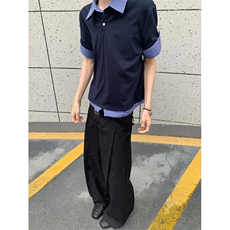 网图有货夏季美式藏青色假两件格子拼接polo领短袖男女A600-P40，男装T恤，星座1505