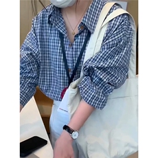 蓝色格纹长袖防晒衬衫外套女2025夏款韩系慵懒风宽松衬衣chic上衣，男装防晒衣，星座1210-1