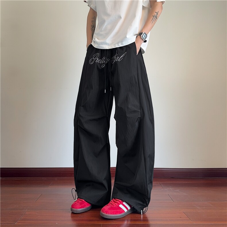 2025夏季新款美式字母刺绣褶皱宽松休闲裤B315-K25520-特p35控68,男装休闲裤,电商B315