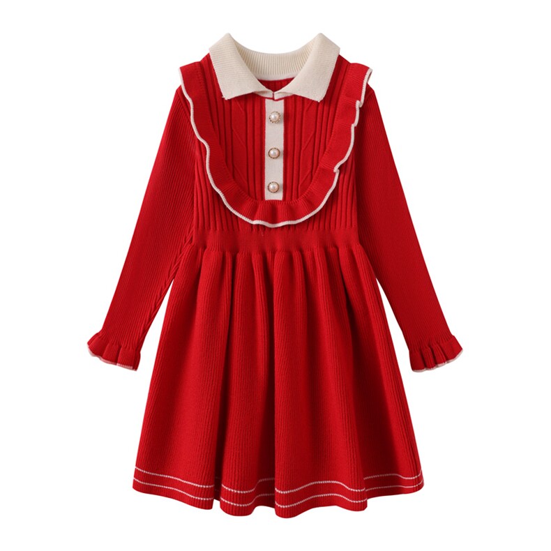 秋冬新款儿童甜美公主长袖连衣裙珍珠纽扣装饰可爱娃娃领设计，童装连衣裙，伊美侕