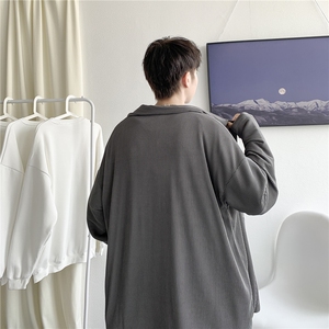 21秋装 港风情侣褶皱纯色宽松长袖衬衫韩版男女情侣外套 H208/P55图片