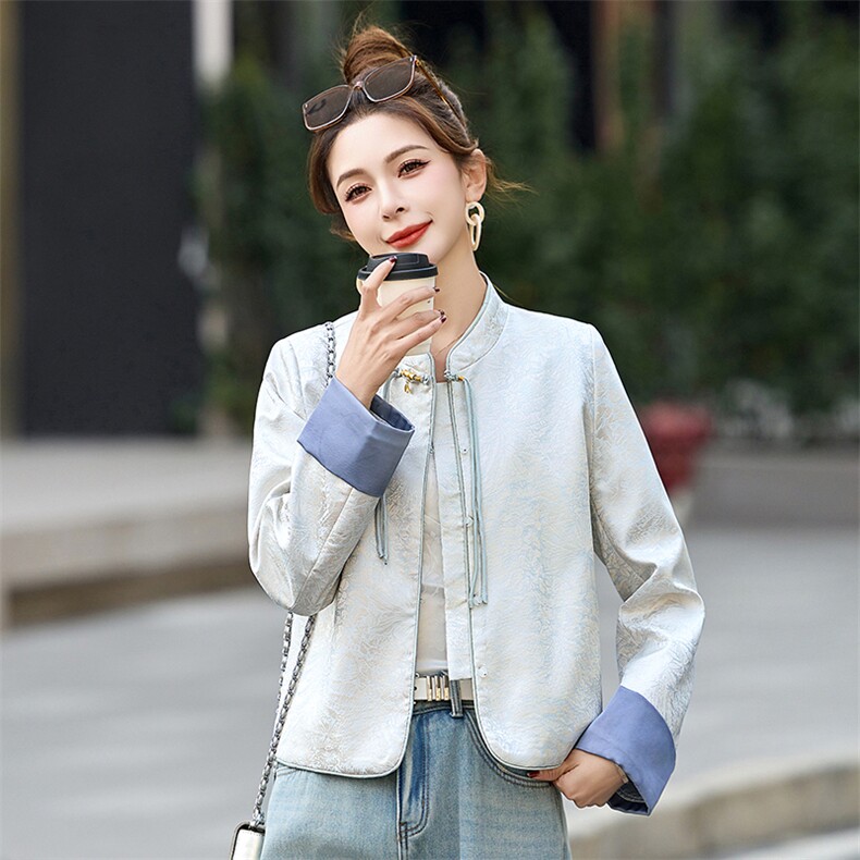 流苏盘扣新中式国风外套女2025春秋新款提花撞色拼接短款唐装上衣,女装短外套,依如秀(原杭风阁)