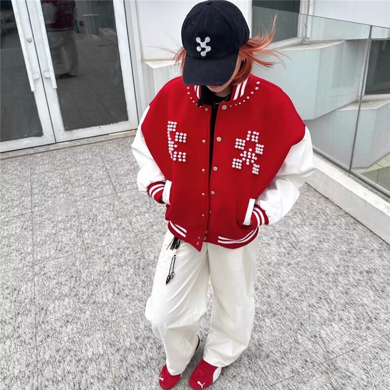 网图红色棒球服女珍珠钉珠重磅外套vintage夹克,男装夹克,星座410-7