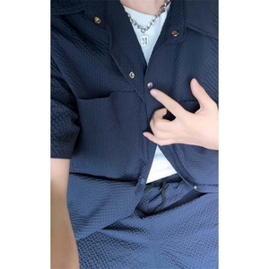 夏季林社长同款泡泡格短袖男女工装短袖衬衫套装TZ555-P55图片
