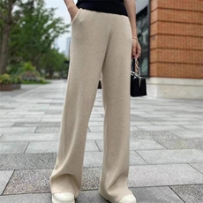 时尚百搭宽松针织长裤女秋冬季新款高腰显瘦休闲裤舒适百搭，女装休闲裤，隆格羊绒