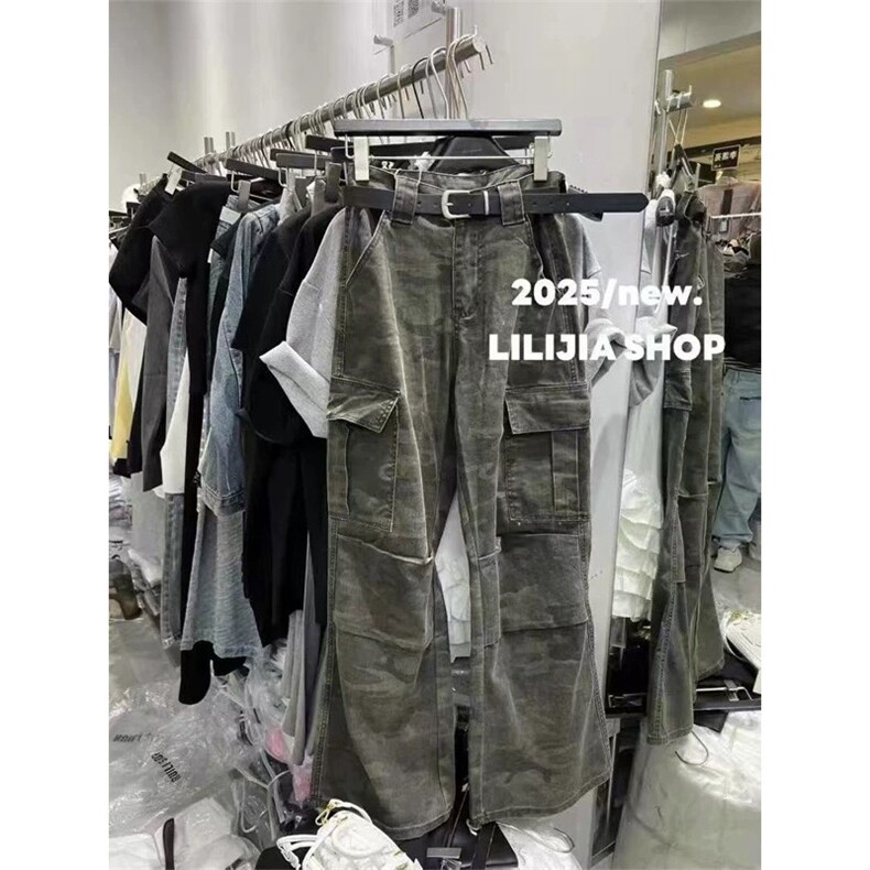 美式复古vibe迷彩多口袋工装牛仔裤直筒宽松阔腿坠感裤潮FK01 P55图片