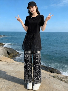 设计感小众时尚气质套装女夏圆领网纱拼接短袖上衣碎花长裤两件套图片