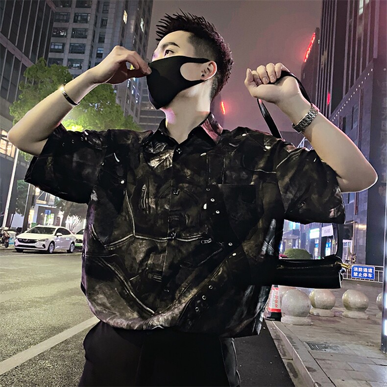 S60/P58控78夏季社会小伙复古垂感口袋花衬衫短袖男黑首1,男装衬衫,星座305B