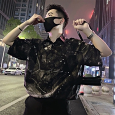 S60/P58控78夏季社会小伙复古垂感口袋花衬衫短袖男黑首1，男装衬衫，星座305B