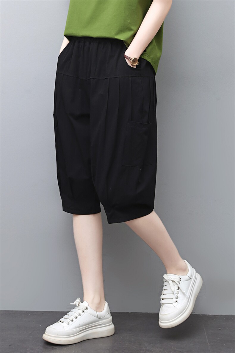 纯棉休闲中裤女夏装新款中年妈妈宽松哈伦短裤薄款高腰显瘦五分裤,女装休闲裤,涵誉