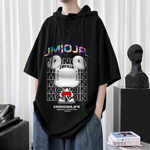 LD54214-P45 连帽短袖t恤男大码胖子带帽五分袖中袖图片