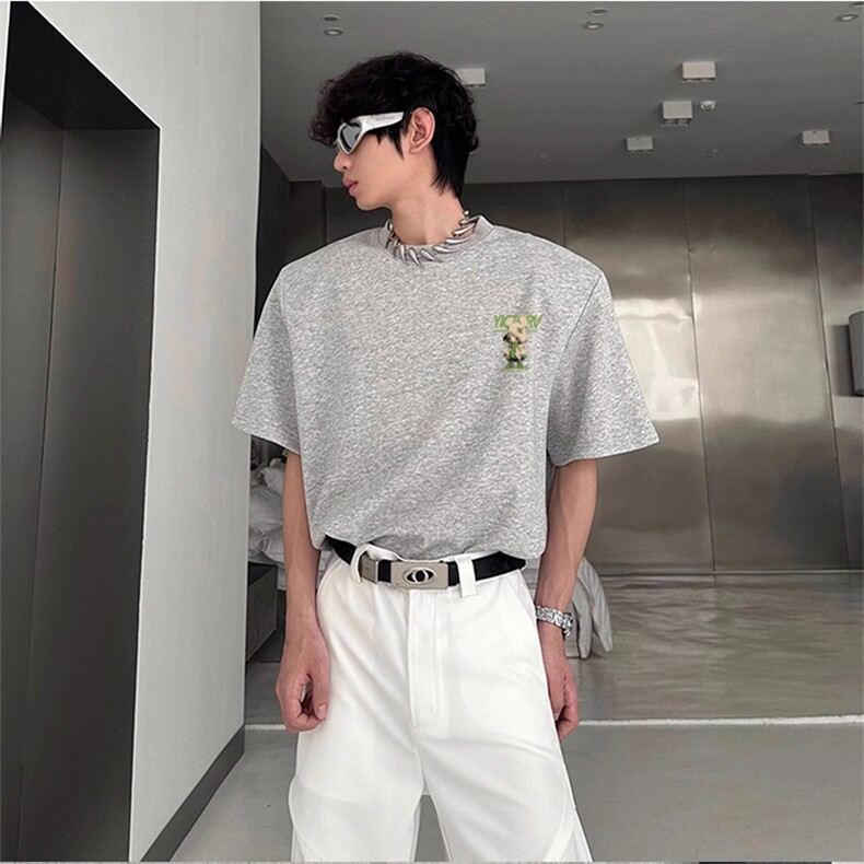 抖音得物供货210克现货宽松纯棉美式潮牌印花落肩袖纯棉T恤AT2151，男装T恤，电商A443