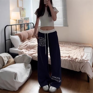 休闲裤子春秋季宽松大码胖子运动裤美式潮牌帅气印花束脚卫裤图片