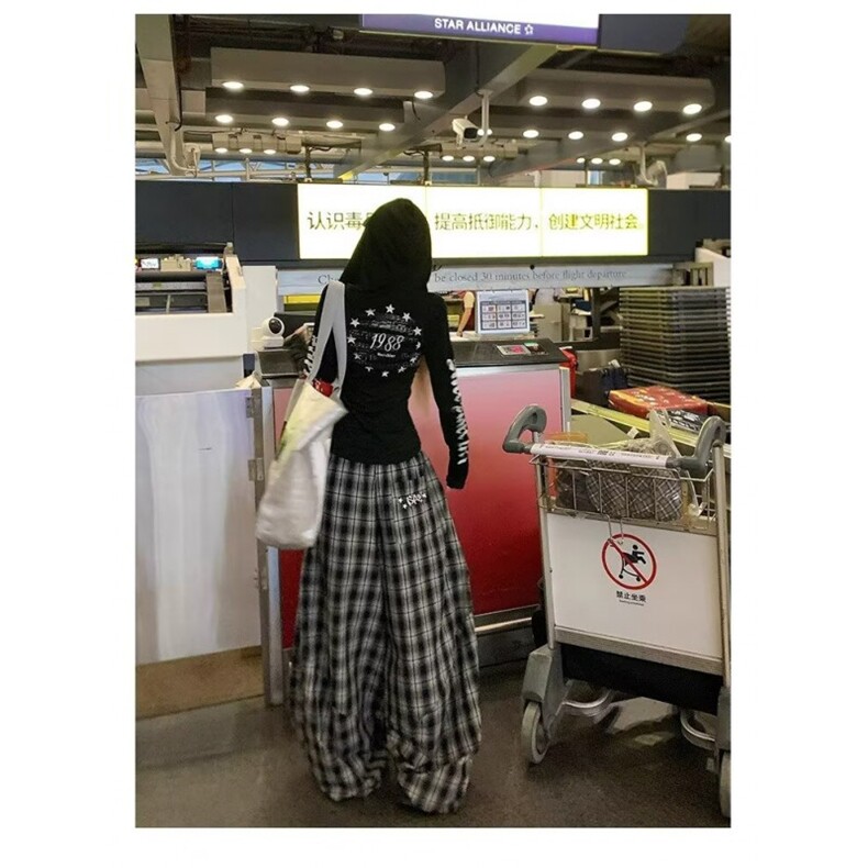 W10151-P48网图现货美式格子阔腿休闲裤慵懒宽松百搭拖地长裤,男装休闲裤,星座1608-2