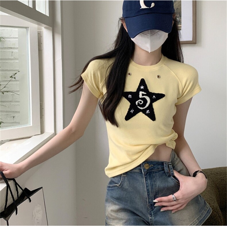 ZT2508-P39甜辣美式星星短袖T恤女夏季修身短款紧身上衣图片