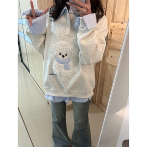 网图现货~学院风可爱毛绒小狗假两件POLO领卫衣男女长袖上衣WB652图片