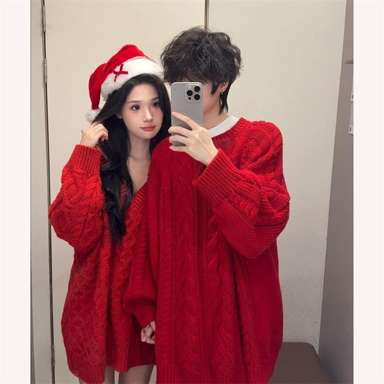 网图84609-特P55红色圆领麻花毛衣男款新年穿搭情侣针织衫打底衫，男装针织衫/毛衣，电商D310B